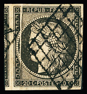 Obl N°3 20c Noir Sur Jaune, Variété Pli Accordéon, Obl. Grille, Voisin à Gauche, TTB. Signé Baudot - 1849-1850 Cérès