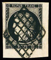 Obl N°3a 20c Noir Sur Papier Blanc, Superbe Coin De Feuille, Obl. Grille, Voisin à Gauche, TTB. Signé A.Brun Et Calves - 1849-1850 Cérès