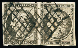 Obl N°3c 20c Gris-noir En Paire Horizontale, Obl. Grille, TB. Cert. Calves - 1849-1850 Cérès