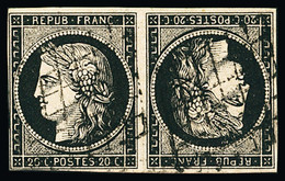 Obl N°3e 20c Noir Sur Blanc En Paire Tête-bêche, Obl. Grille, Filet Effleuré En Un Point Sinon TB. Cert. Calves - 1849-1850 Cérès