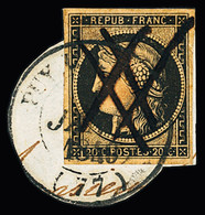 Sur Fragment N° 3g 20c Noir Sur Chamois Très Foncé Fauve Obl. Plume Façon Grille + Càd T14 Puy Laurens (Tarn) 13 Janvier - 1849-1850 Cérès