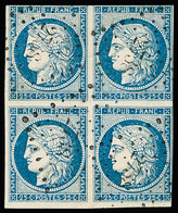 Obl,bloc De 4 N°4 25c Bleu En Bloc De 4, Filet Touché En Haut Et Effleuré En Bas à Droite, Obl. PC 2738 De Rouen (Seine  - 1849-1850 Cérès