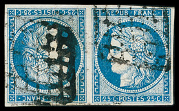 Tête-Bêche,obl N°4c 25c Bleu En Paire Tête-bêche, Belles Marges, Obl. Grille, TB. Signé Calves - 1849-1850 Cérès