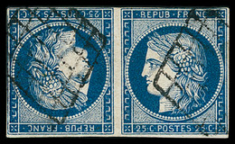 Tête-Bêche,obl N°4c 25c Bleu En Paire Tête-bêche, Marges Justes, Obl. Grille, B/TB. Certificat Calves - 1849-1850 Cérès