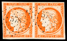 Obl N°5 40c Orange En Paire, Oblitéré PC 578 De Caen (Calvados), Belle Nuance Vive, Léger Pli D'angle Et Petite Entaille - 1849-1850 Cérès