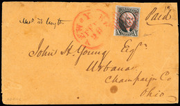 Lettre 1847 10c Black On Bluish, Clear To Good Margins, Rich Deep Shade, Tied By Red Rectangle Of Bars On Small Envelope - Unclassified