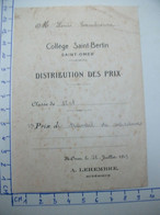 Collège ST Bertin - ST-OMER (62) 1er Prix De Travail De Vacances 1929 - Diplômes & Bulletins Scolaires