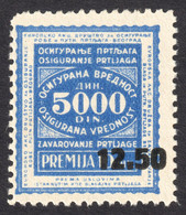 Train Railway INSURANCE Baggage Travel Transport Label Vignette Tax Revenue 5000 Din OVERPRINT 12.50 Yugoslavia 1930's - Oficiales