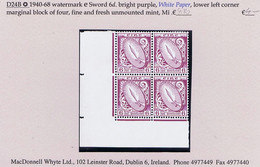 Ireland 1940-68 Watermark E Sword 6d Bright Purple On White Paper Corner Block Of 4 Fine And Fresh Mint Unmounted Never - Ongebruikt