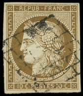 EMISSION DE 1849 - 1c   10c. Bistre-VERDATRE FONCE, Obl. GRILLE, TB. C - 1849-1850 Cérès