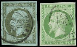 EMPIRE NON DENTELE - 11 Et 12, 1c. Olive Et 5c. Vert, Obl. Càd T15, TB - 1853-1860 Napoleon III