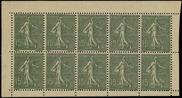 ** VARIETES - 130   Semeuse Lignée, 15c. Vert-gris, T V De Carnet, Feuillet De 10 T. Vert-noir Sur Papier Gris, Superbe - Unused Stamps