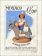 MONACO 1743 : Santon De Provence, Le Meunier Et Son âne, Avant Projet à La Gouache, Signé B. Minne, TB - Used Stamps
