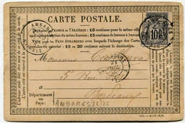 !!! CARTE PRECURSEUR TYPE SAGE CACHET D'AMBARES (GIRONDE) 1878 - Cartes Précurseurs