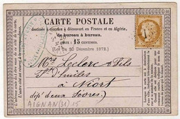!!! CARTE PRECURSEUR CERES GC 15 ET CACHET D'AIGNAN ( GERS ) 1875 - Voorloper Kaarten