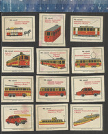 90 YEARS PUBLIC TRANSPORT PRAGUE TRAMS TRAMWAYS BUSSES TROLLEY BUS FERRY    Matchbox Labels CZECHOSLOVAKIA 1965 - Zündholzschachteletiketten