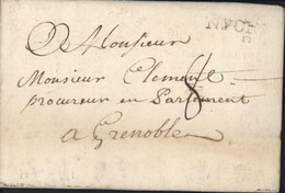 Drôme Marque Postale NYONS  (23x4)  16 OCT 1771 Taxe Manuscrite 8 Pour Grenoble - 1701-1800: Voorlopers XVIII