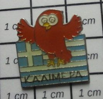 510A Pin's Pins / Beau Et Rare / ANIMAUX / CHOUETTE DRAPEAU GRECE BONJOUR KALIMERA - Animaux