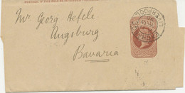 GB „EXCHANGE / LIVERPOOL“ CDS Double Circle 25mm On Superb QV ½ D Brown Postal Stationery Wrapper To AUGSBURG, Bavaria, - Lettres & Documents