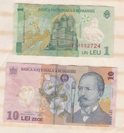 Roumanie . 2 Billets , 1 Leu 2005 Et 10 Leu 2008 , Billets Ayant Circulés - Rumania