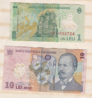 Roumanie . 2 Billets , 1 Leu 2005 Et 10 Leu 2008 , Billets Ayant Circulés - Roemenië