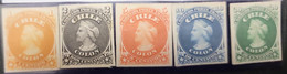 O) 1867 CHILE, CARD BOARD PROOFS, CHRISTOPHER COLUMBUS, SCT 15-19, 1c Orange, 2c Black, 5c Red, 10c Blue, 20c Green, XF - Chile