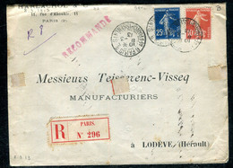 Enveloppe En Recommandé De Paris Pour Lodève En 1913 Avec Semeuse 10ct + 25ct  - N 242 - 1877-1920: Periodo Semi Moderno