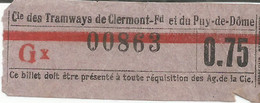 Ticket De Transport TRAMWAYS DE CLERMONT FERRAND PUY DE DOME - Europe