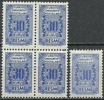 Turkey; 1962 Official Stamp 30 K. "Color Tone Variety" (Block Of 4) - Timbres De Service