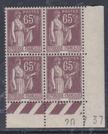 France N° 284 XX Type Paix : 65 C. Violet-brun En Bloc De 4 Coin Daté Du 20 . 7 . 37 ; 3 Points Blancs ,sans Char., TB - 1930-1939