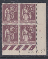 France N° 284 XX Type Paix : 65 C. Violet-brun En Bloc De 4 Coin Daté Du 23 . 7 . 37 ; 1 Point Blanc ,sans Char., TB - 1930-1939