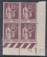 France N° 284 XX Type Paix : 65 C. Violet-brun En Bloc De 4 Coin Daté Du 13 . 9 . 37 ; 3  Points Blancs, Sans Ch., TB - 1930-1939