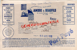 03- VICHY- FACTURE AMBRE BEAUFILS- TRANSPORTS PARIS LYON MARSEILLE NICE-CANNES-ALGER-ORAN-TUNIS-10 RUE PORTUGAL-1955 - Transportmiddelen