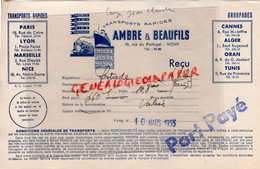 03- VICHY- FACTURE AMBRE BEAUFILS- TRANSPORTS PARIS LYON MARSEILLE NICE-CANNES-ALGER-ORAN-TUNIS-10 RUE PORTUGAL-1955 - Transport