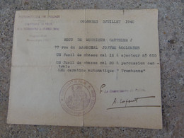 1940 Prefecture De Police Document Papier Recu Fusil De Chasse Calibre 12 Et 20 Et Carabine Automatique - Armes Neutralisées