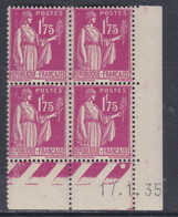 France N° 289 XX Type Paix :  1 F. 75 Rose-lilas En Bloc De 4 Coin Daté Du 17 . 1 . 35 , 1  Point Blanc, Sans Char. TB - 1930-1939