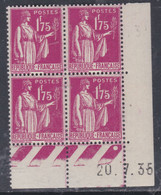 France N° 289 XX Type Paix :  1 F. 75 Rose-lilas En Bloc De 4 Coin Daté Du 20 . 7 . 35 , 1 Point Blanc, Sans Char. TB - 1930-1939