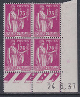 France N° 289 XX Type Paix :  1 F. 75 Rose-lilas En Bloc De 4 Coin Daté Du 24 . 6 . 37 , 6 Points Blancs, Sans Char. TB - 1930-1939