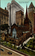 New York City Trinity Church Showing Sky Scrapers Curteich - Churches