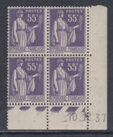 France Type Paix N° 363 XX : 5 C. Violet En Bloc De 4 Coin Daté Du 10 . 12 . 37  Sans Point Blanc,  Sans Charnière, TB - 1930-1939