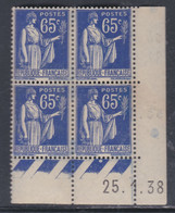 France Type Paix N° 365 XX : 65 C. Outremer En Bloc De 4 Coin Daté Du 25 . 1 . 38  ; 1 Point Blanc, Sans Charnière, TB - 1930-1939