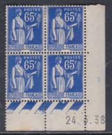 France Type Paix N° 365 XX : 65 C. Outremer En Bloc De 4 Coin Daté Du 24 . 1 . 38  ; 1 Point Blanc, Sans Charnière, TB - 1930-1939