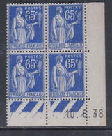 France Type Paix N° 365 XX : 65 C. Outremer En Bloc De 4 Coin Daté Du 10 . 8 . 38 ; Sans Point Blanc, Sans Charnière, TB - 1930-1939