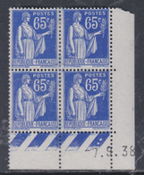 France Type Paix N° 365 XX : 65 C. Outremer En Bloc De 4 Coin Daté Du 7 . 9 . 38 ; 2 Points Blancs, Sans Charnière, TB - 1930-1939