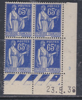 France Type Paix N° 365 XX : 65 C. Outremer En Bloc De 4 Coin Daté Du 23 . 5 . 38 ; 1 Point Blanc, Sans Charnière, TB - 1930-1939