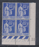 France Type Paix N° 365 XX : 65 C. Outremer En Bloc De 4 Coin Daté Du 1 . 9 . 38 ; Sans Point Blanc, Sans Charnière, TB - 1930-1939