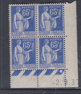 France Type Paix N° 365 XX : 65 C. Outremer En Bloc De 4 Coin Daté Du 2 . 9 . 37 ; 1 Point Blanc, Sans Charnière, TB - 1930-1939