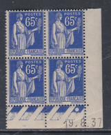 France Type Paix N° 365 XX : 65 C. Outremer En Bloc De 4 Coin Daté Du 19 . 8 . 37 ; 1 Point Blanc, Sans Charnière, TB - 1930-1939