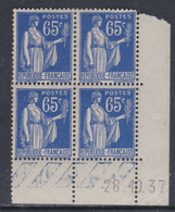 France Type Paix N° 365 XX : 65 C. Outremer En Bloc De 4 Coin Daté Du 28 . 10 . 37 ; Sans Point Blanc, Sans Charn., TB - 1930-1939