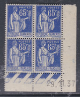 France Type Paix N° 365 XX : 65 C. Outremer En Bloc De 4 Coin Daté Du 29 . 11 . 37 ; 1 Point Blanc, Sans Charnière, TB - 1930-1939